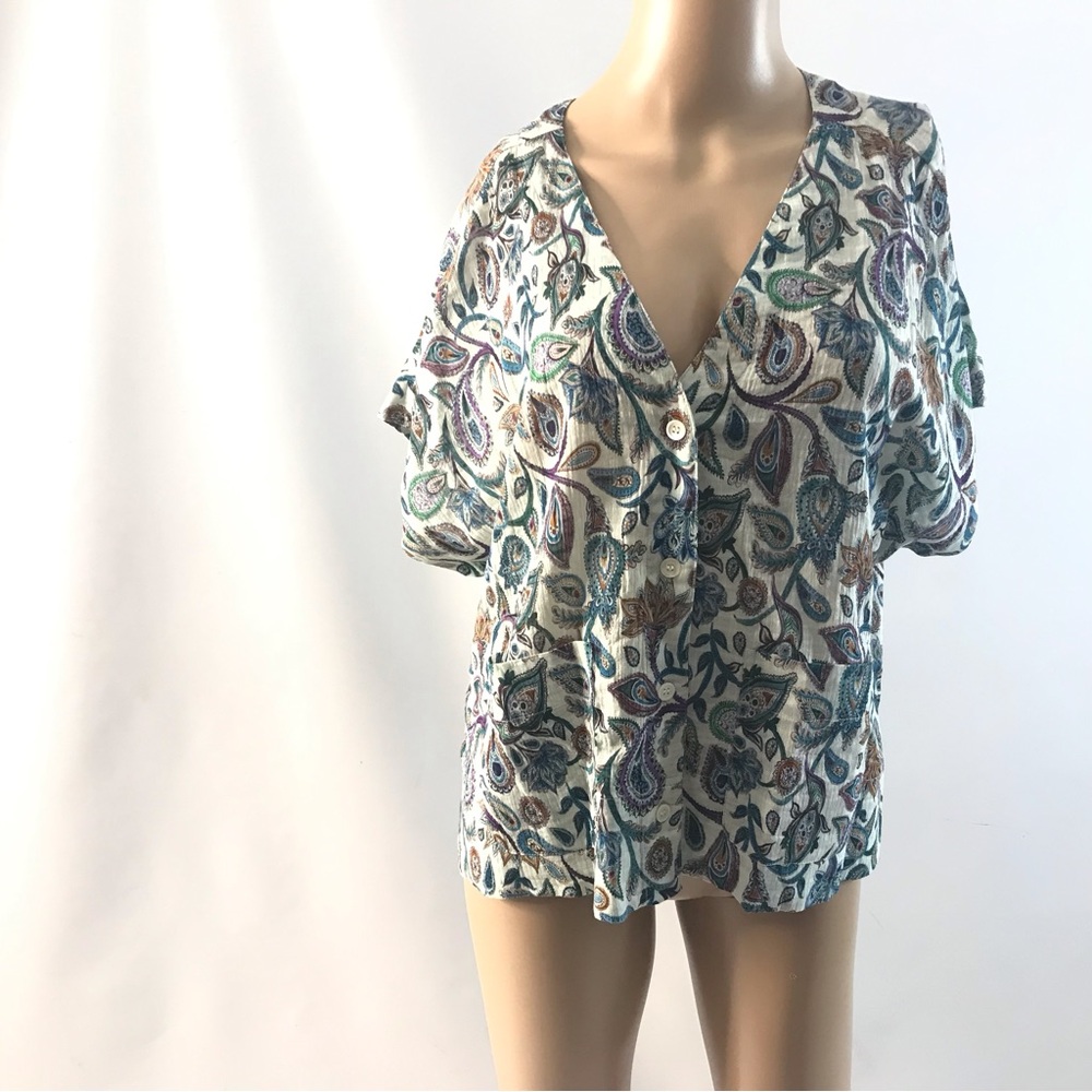 Indi & Cold San Sebastian Paisley Crop Shirt Women's S Blue Short Sleeve Top New